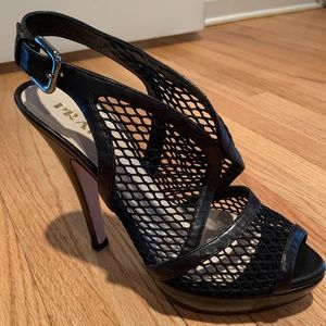 Prada Black Fishnet Slingback Peep Toe Heels